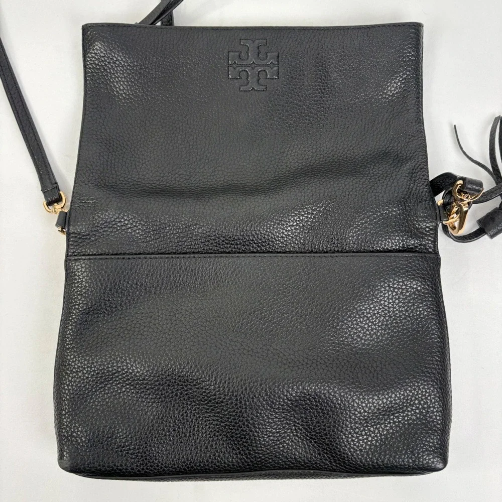 Tory Burch Thea Messenger Bag Black Pebbled Leather Tassel Crossbody Gold Logo